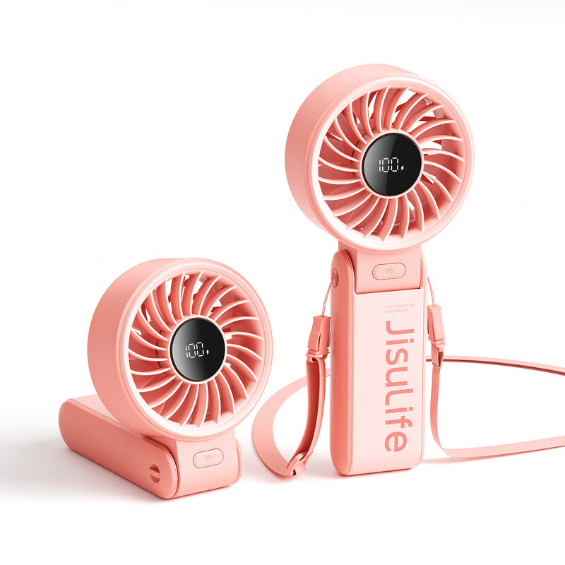 JISULIFE Portable Handheld Fan Life 7, 5000mAh Rechargeable, High-Power Motor, LED Display, 19.5 Hrs Cooling, 5 Speed, Foldable Design, 3-IN-1 , Pink MegaBDM