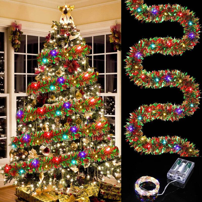 1Pc 16.4Ft/5mChristmas Tinsel Metallic Twist Lighted Garland Hanging for Christmas Tree New Year Home Outdoor Party Decor（Battery not included） MegaBDM