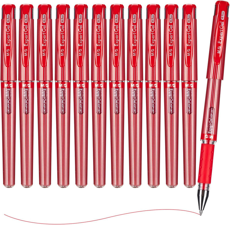 M&G ExpertGel Gel Pens, 12 Pack Red Ink Gel Pens, Medium Point 0.7 mm, Quick Dry, Smooth Writing Gel Ink Pens with Anti-Slip Grip and Cap for Office and School MegaBDM