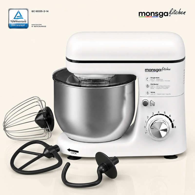 Monsga SM100 Stand Mixer, 1000W Peak Power, Cream White, 6.0 L Stainless Steel Mixing Bowl, Quiet, with Whisk, Super Non-Stick Teflon Dough Hook (260°C Heat Resistant), Beater & Splash Guard, 8 Speed Settings MegaBDM