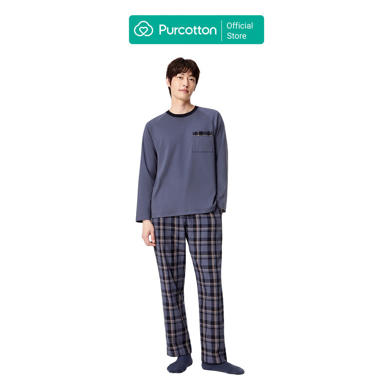 Men's Lustrous Cotton Top + Gauze Long Pants Loungewear Set, Twilight Blue, Top: UK 42 (X L); Bottom: UK 36 (X L) MegaBDM