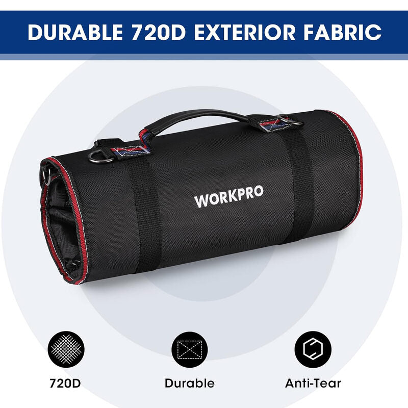 【£12.99 after promotion】WORKPRO Tool Roll Bag, Multi-Purpose Tool Bag with 2 Detachable Pouches and 4 Zipper Tool Pouches, 720D Heavy Duty Tool Roll Organiser, Ideal for Storing Screwdrivers, Wrenches, Screws, nuts MegaBDM