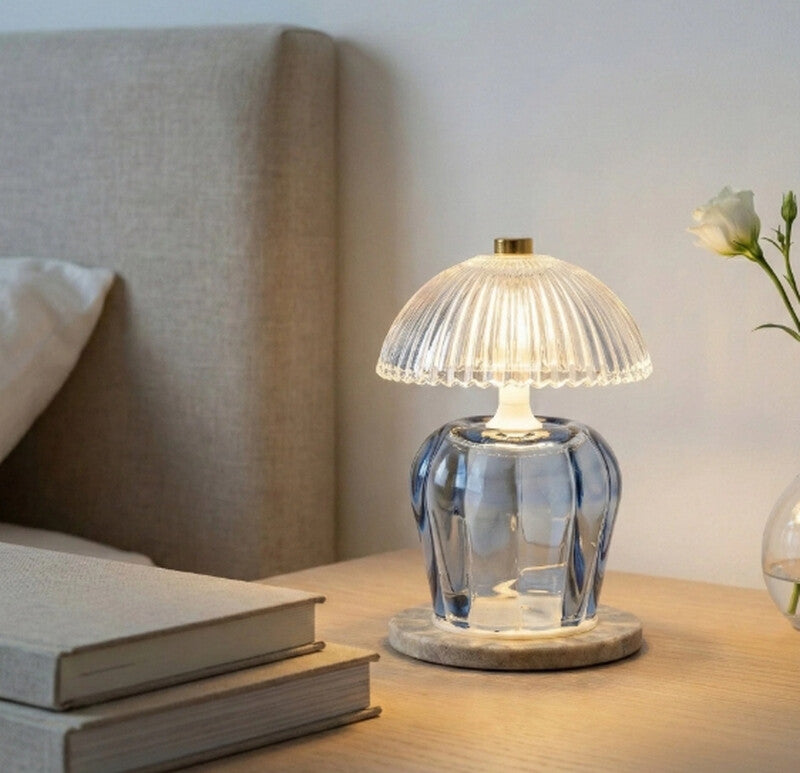 Candlelight Table Lamp Vintage Ridged Glass Shade LED Blue H:14.6cm MegaBDM