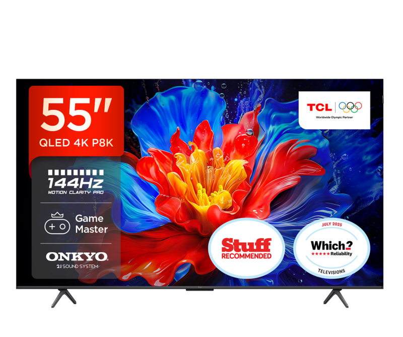 TCL 55P8K QLED 4K HDR PRO Smart TV-55P8K-UK (288Hz Game Accelerator, ONKYO 2.1 SOUND SYSTEM, Miracast & Google Cast) MegaBDM