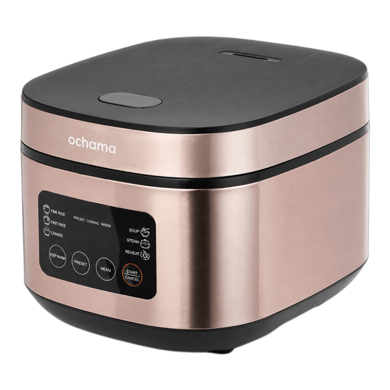 ochama 4L Rice Cooker, 930W, PFOA‑Free Ceramic Coating Inner Pot, Intelligent Timer, 6 Cooking Functions, LED Display, Comes with Rice Spoon & Steamer Basket MegaBDM
