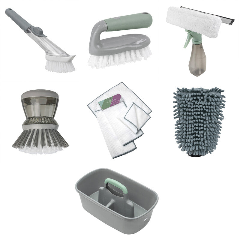 JVL Complete Cleaning Caddy Bundle with Window Squeegee, Microfibre Cloth, Mitt & Brushes MegaBDM