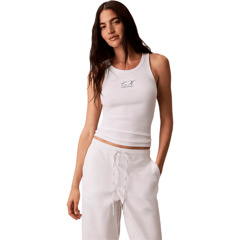 Calvin Klein Jeans Women Embroidered CK Logo Rib Tank Top - Bright White MegaBDM