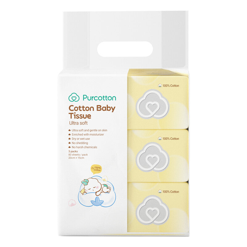 Purcotton 100% Premium Cotton Baby Tissue (Ultra Soft) 20cm × 15cm 240 Sheets (80 Sheets × 3 Packs), Enriched with Moisturizer, Safe & Non-Irritating, Gentle on Skin, Dry or Wet Use, Ideal for Baby Care & Sensitive Skin MegaBDM