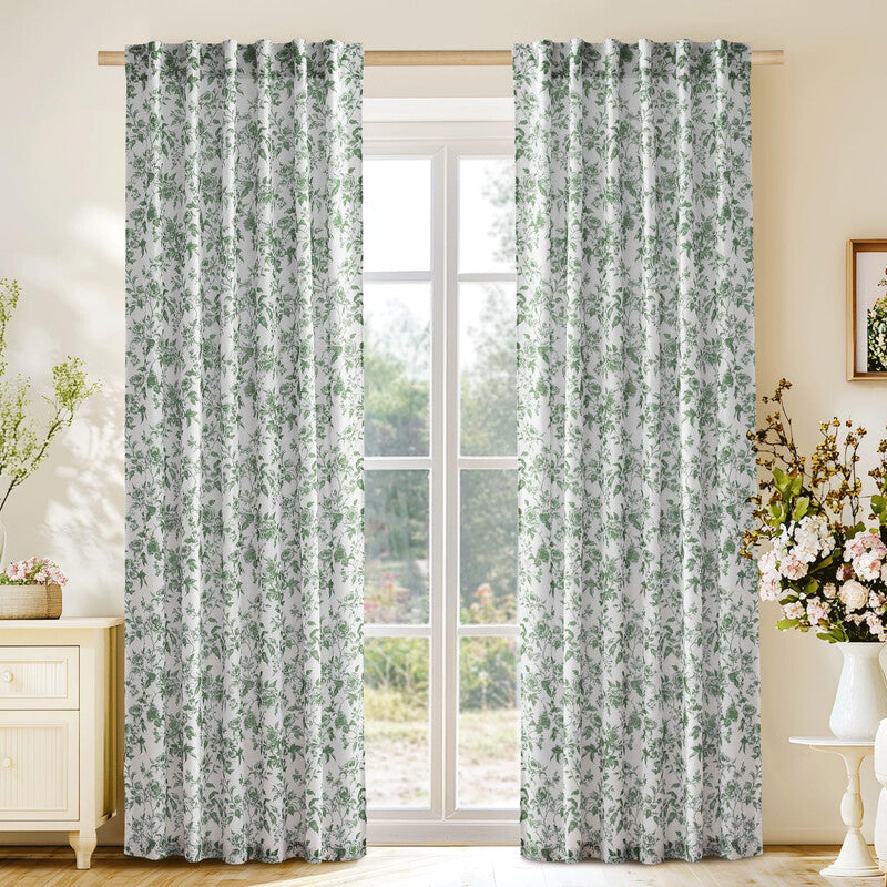 PONY DANCE Floral Curtains for Living Room, Linen Blend Sheer Drapes with Organic Botanical Peony Print, Light Filtering Privacy & Nature-Inspired Modern Home Decor, 2 Panels, W132 x L220 cm, Sage Green MegaBDM