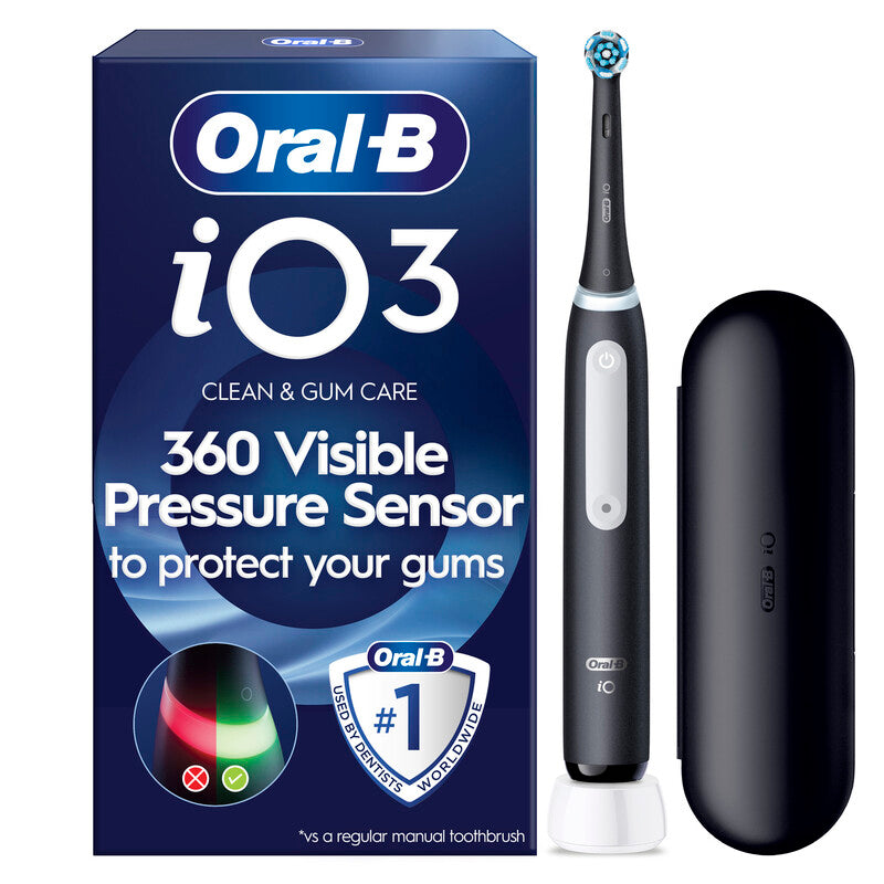 Oral-B iO3 Electric Toothbrush, Travel Case, 3 Modes, 360 Visible Pressure Sensor, Brushing Timer, Quite Sound, Long-Lasting Battery, Black MegaBDM