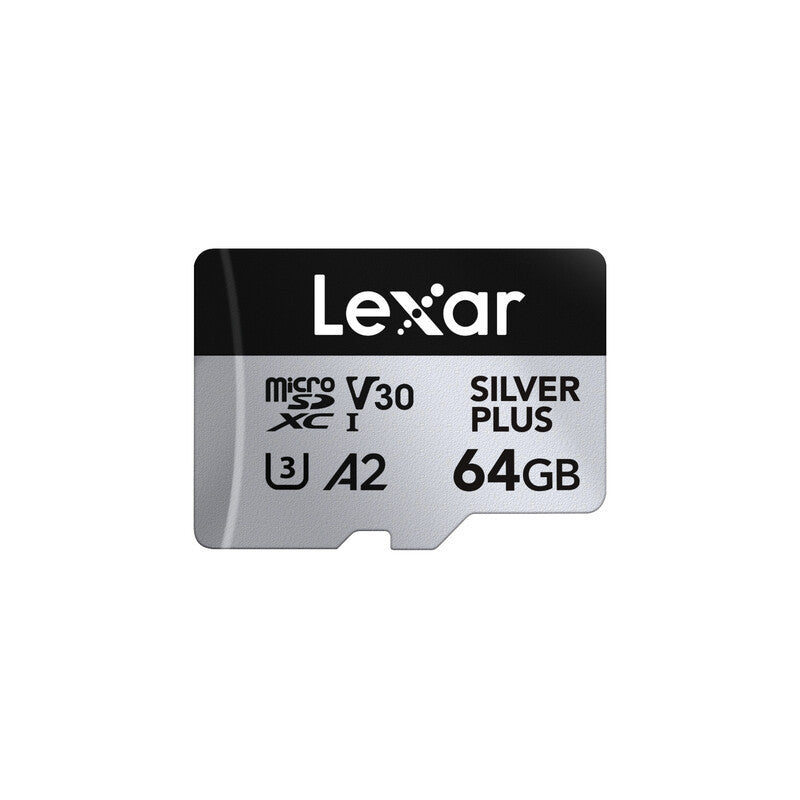 Lexar Silver Plus 64GB Micro SD Card up to 205 MB/s, MicroSDXC UHS-I Flash Memory Card with Adapter, C10, U3, A2, V30, Full HD, 4K UHD, High Speed TF Card for Drone, Action Camera, Handheld Consoles MegaBDM
