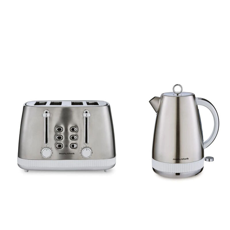 Morphy Richards Mexborough Jug Kettle and 4 Slice Toaster Bundle, 1.7L,Wide Slots, Cord Storage, White & Stainless Steel - 102903, 242903 MegaBDM