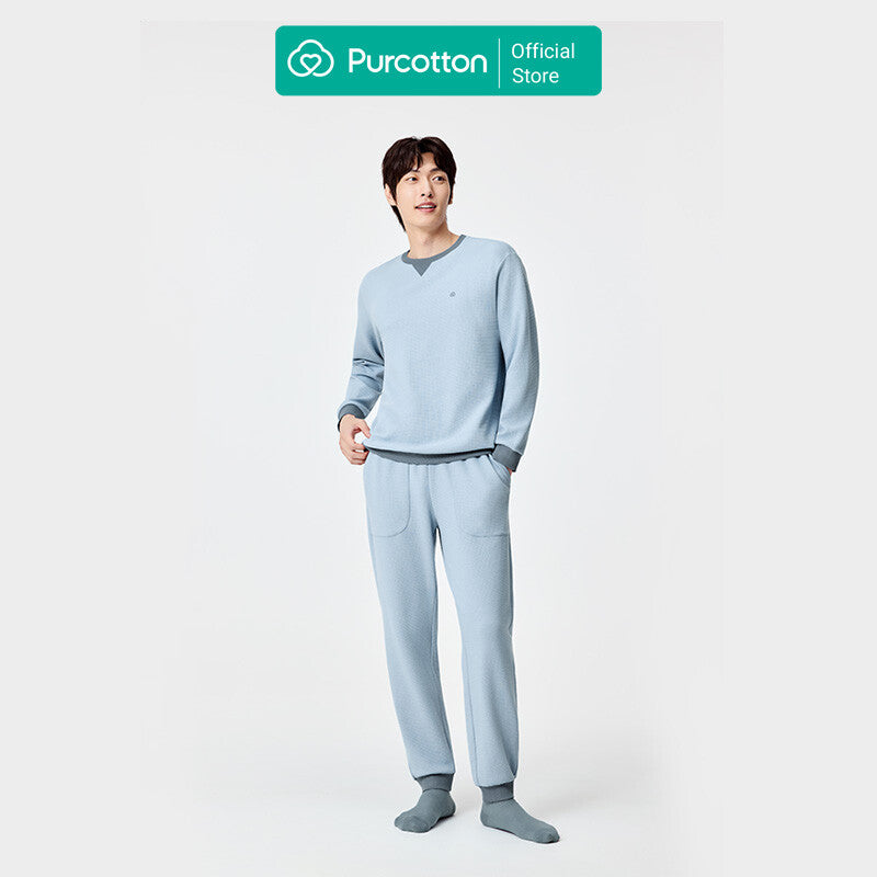 Men's Waffle Knit Loungewear Set, Aurora Blue, Top: UK 40 (L); Bottom: UK 34 (L) MegaBDM