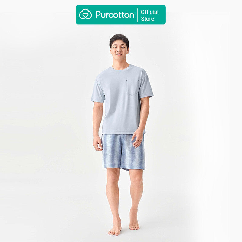 Purcotton Men's Cooling Knit Top & AirySoft Gauze Shorts Loungewear Set - Cool & Breathable - Lightweight & Fluffy - Comfortable at Home - Cloud Water Blue - Top: 180/100A; Bottoms: 180/88A MegaBDM