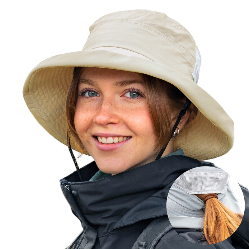 TOP-EX Women's Wide Brim Bucket Sun Hat with Ponytail Hole Summer Packable Sunhat for Travel Beach Outdoor Khaki MegaBDM