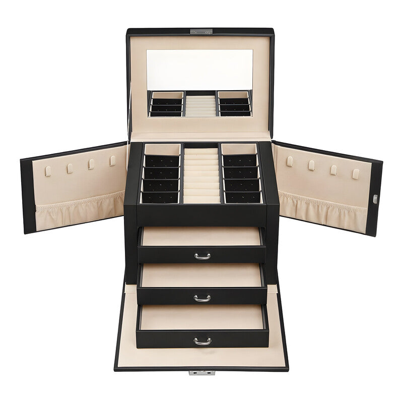 JOYFURNOS 4-Tier Jewellery Box with Handle, 3 Drawers, Jewellery Box with Mirror, Lock, Jewellery Storage, Christmas, Classic Black MegaBDM