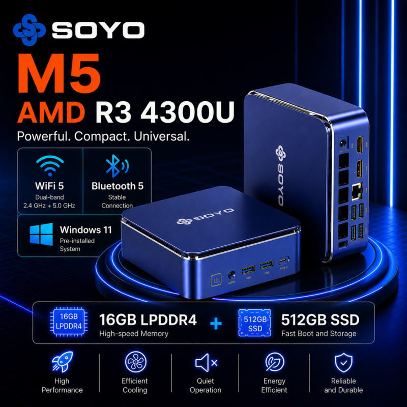 SOYO M5 Mini PC AMD Ryzen 4300U W-11 Pro (4C/4T, up to 3.7 GHz) 16GB LPDDR4/512GB SSD, Desktop PC 4K 60Hz Triple Display (HDMI 2.0+Type-C+DP 1.4)/Wi-Fi 5/BT 4.2/LAN for Office Education Multimedia MegaBDM