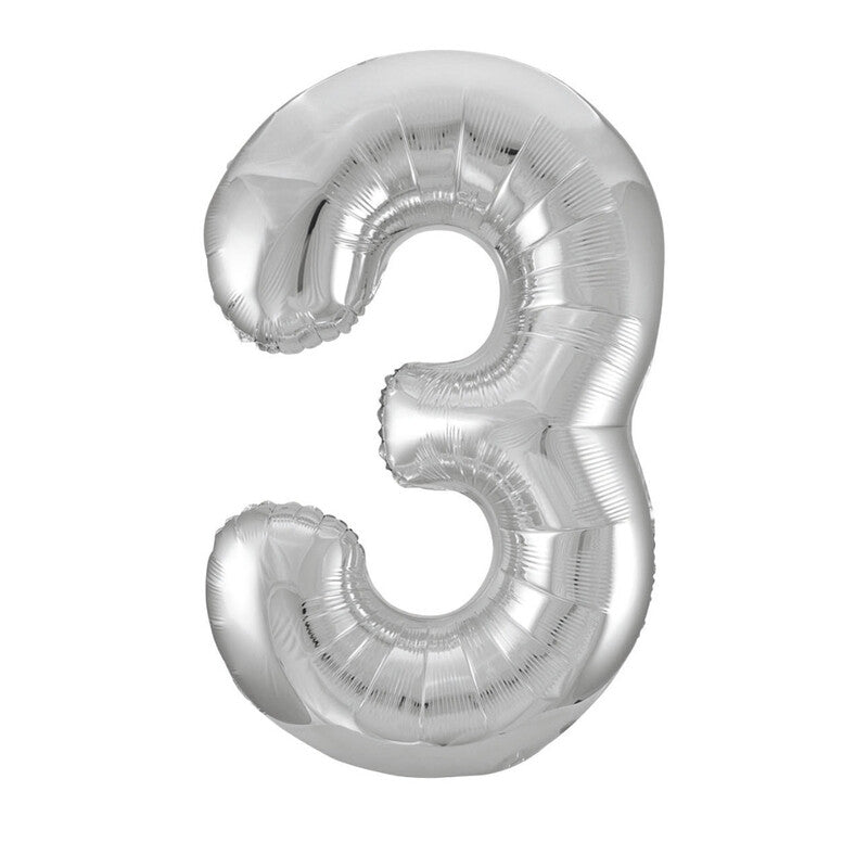 Unique Party Giant Number 3 Balloon, Silver, 86cm MegaBDM