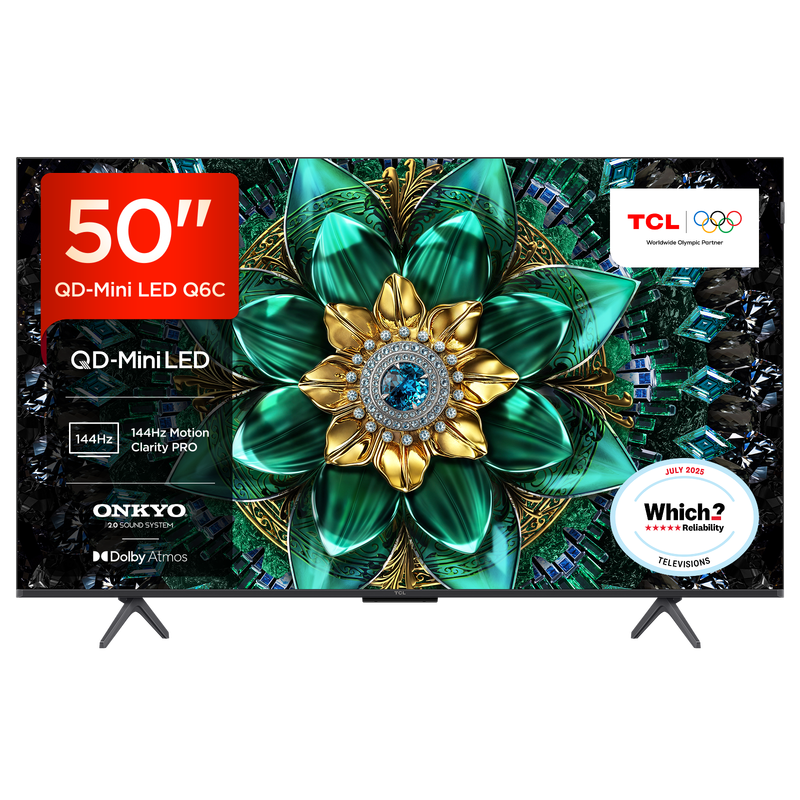 TCL 50Q6C QD-Mini LED 4K HDR Smart Google TV-50Q6C-UK(144Hz Native Refresh Rate, Precise Dimming Series Up to 512 Zones, ONKYO 2.1 Hi-Fi System)