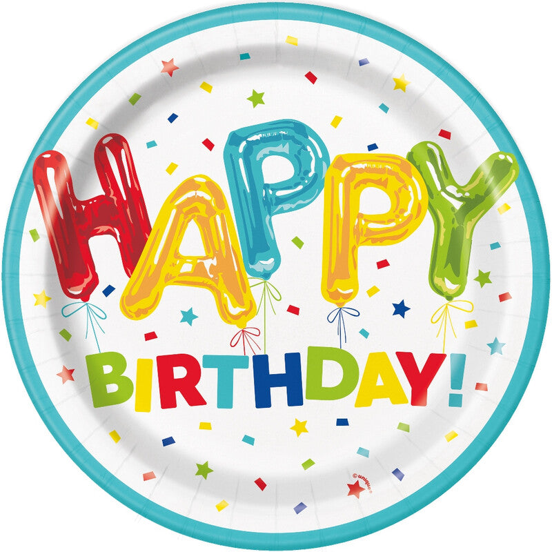 Unique Party Paper Plates, Balloon Birthday, 22cm, 8 Pack
