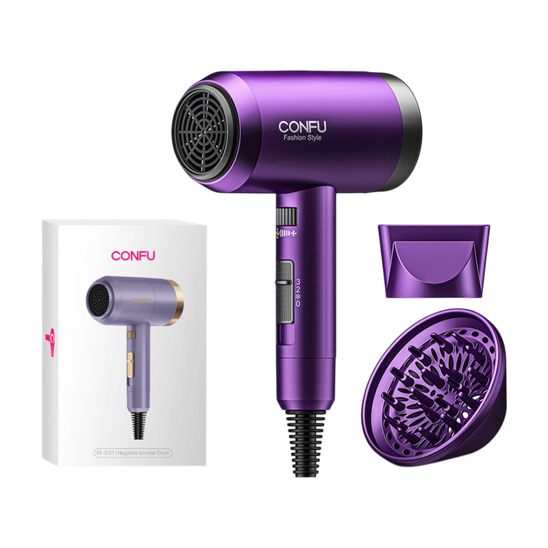CONFU High-Speed Hair Dryer 3127 Purple, 2W RPM 1800W Power, High Concentration Negative Ions, 2 Nozzles, Fast Drying MegaBDM