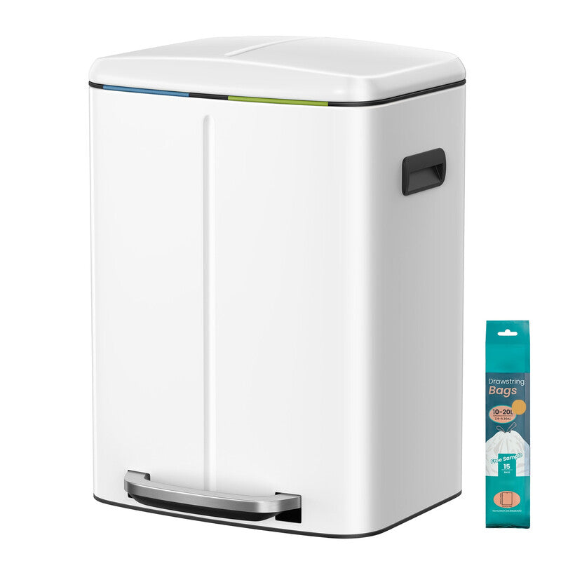 JOYFURNOS 40 L Double Kitchen Rubbish Bin with Lids, Soft Close with Plastic Inner Buckets, White MegaBDM
