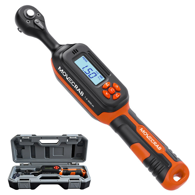 Movecrab Professional Digital Torque Wrench 1/4" Drive 1.5-30N.m ±2% High Accuracy LED Display with Nm/in.lb/ft.lb/kg.cm Vibration Sound Light Triple Alarm for Automotive Motorcycle Bike Repair Tool MegaBDM