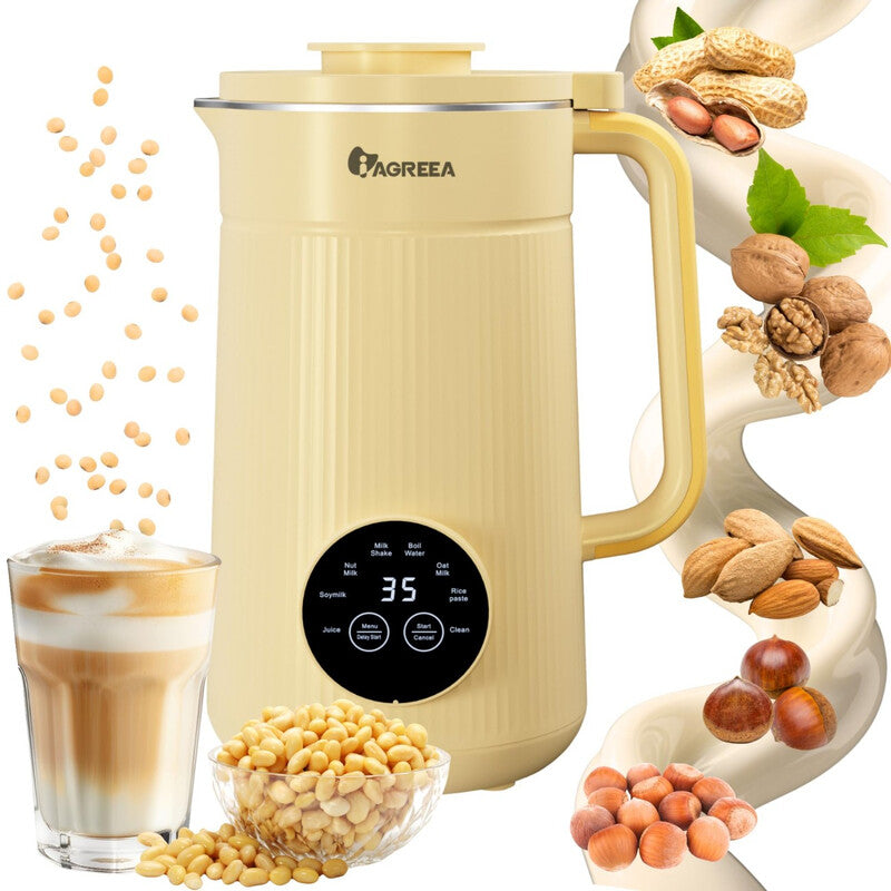 IAGREEA 8-in-1 Nut Milk Maker, 35oz, for Soy, Oat, Plant-Based & Dairy-Free Beverages, with 2 h Keep Warm, 12 h Delay Start, 10 Blades, BPA-Free, Self-Cleaning, Yellow MegaBDM