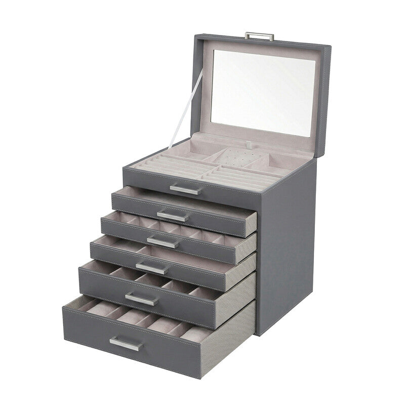 JOYFURNOS 6-Tier Large Jewellery Organiser case with Big Mirror, Dark Grey MegaBDM