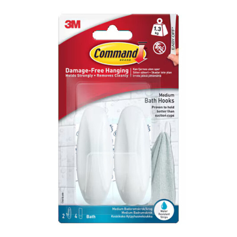 3M Command Adhesive Hooks Designer Bathroom Medium White Holds 1.3kg Each (Pack of 2) MegaBDM
