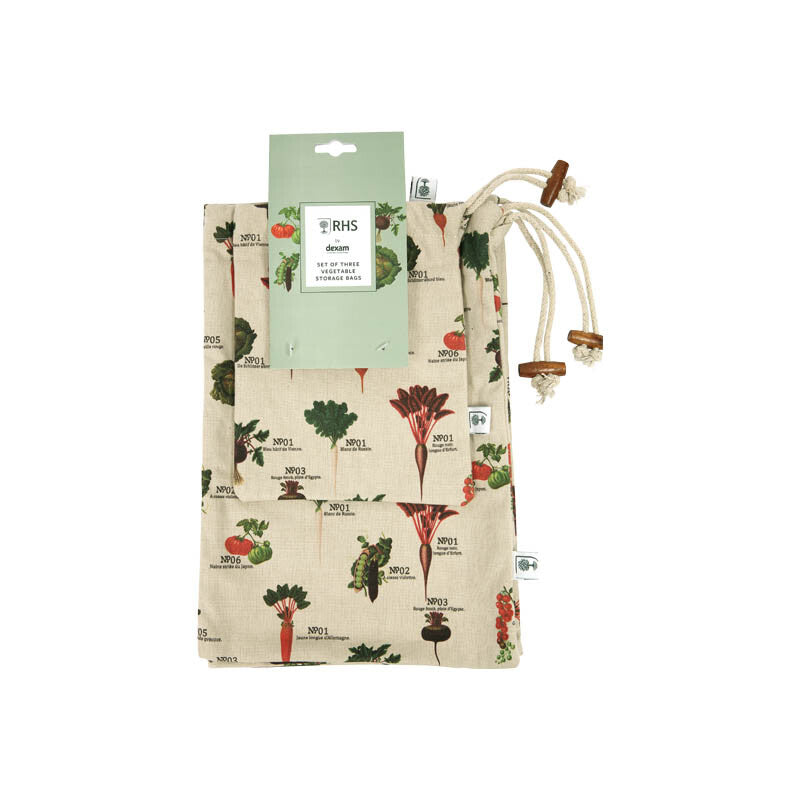 RHS by Dexam Vegetable Bags Benary Vegetables 100% Cotton Stone/Green 3pcs MegaBDM