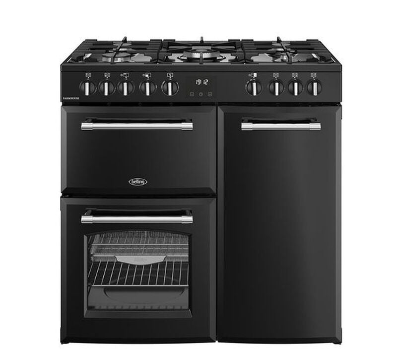 Belling Farmhouse 90DF 90cm Dual Fuel Range Cooker - Black & Chrome MegaBDM