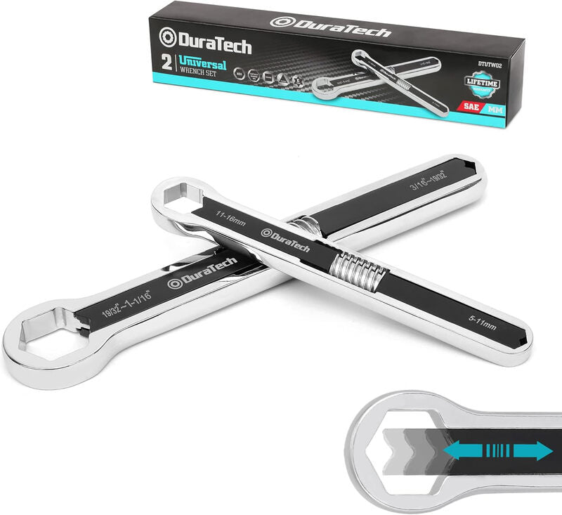DURATECH Universal Combination Spanner Set, Adjustable Wrench Set, 2 Piece Multifunctional Wrench Set, Total Ring Spanner Set, 44 in 2, Metric and SAE 5mm to 27mm and 3/16" to 1-1/16" MegaBDM