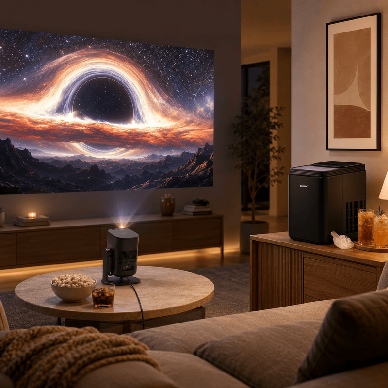 Watch & Chill Bundle Comfee' RCI12BL1UK(E) Countertop Ice Maker Machine, Fast Bullet Ice & XGIMI MoGo 2 Pro Smart Projector with Multi-Angle Stand, 1080P Portable Home Cinema Suite MegaBDM