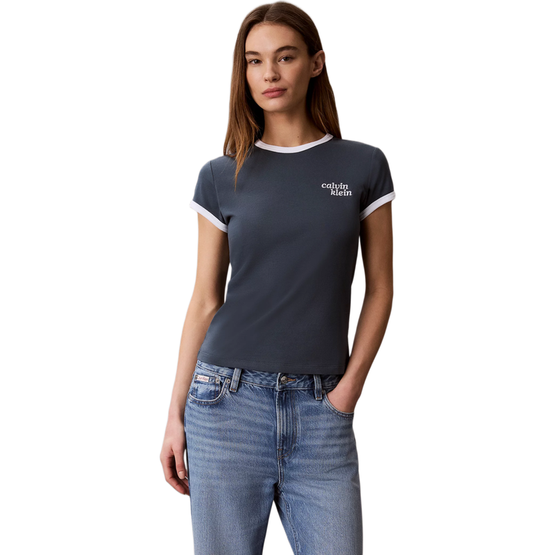 Calvin Klein Jeans Women Embroidered Logo Ringer T-Shirt - Dark Slate MegaBDM