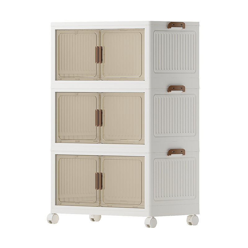 COIZYZZL Medium storage cabinet 3-Layer --Mobile Wheeled Storage Cabinet, Foldable Plastic Construction, Clear Door & Dustproof, Household Organizer for Storage and Tidying in Bedroom, Office, Apartment MegaBDM