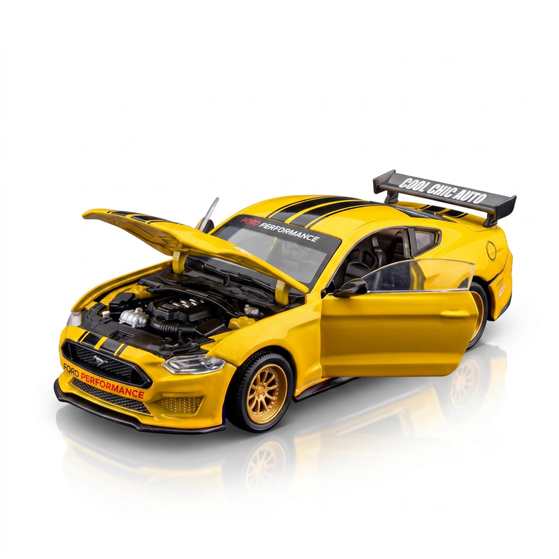 CCA 2018 Ford Mustang GT 1:42 Yellow Diecast Model - DIY Assembly Kit, Realistic Details, Opening Hood and Doors, Ideal Collectible Gift for Car Fans MegaBDM