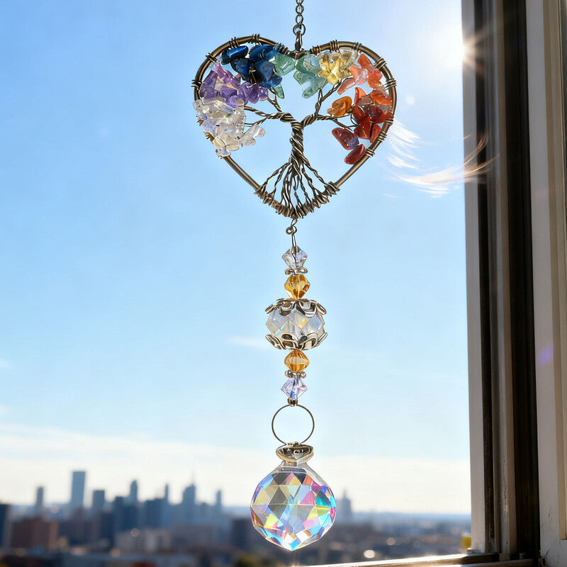 JU7CER 1PC Sun Catcher Wind Chime - Handmade Colorful Chip-Woven Dreamcatcher, Living Room Decor Hanger with Spherical Prism Rainbow Maker, Tree of Life Hanging Ornament, Garden Light Catcher for Weddings, Christmas Must-Have MegaBDM