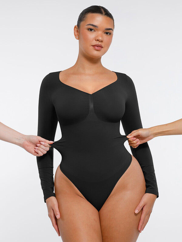 FeelinGirl Seamless Long Sleeve Arm Shaper Tummy Control Ruched Bust Thong Bodysuit for Women XS Black, Couple Gift Perfect Gift MegaBDM