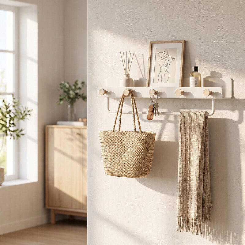 kapanou Floating Shelves with Lip, Coat Hooks & Towel Rack, Natural Wood Grain Wall Shelf for Bathroom, Bedroom, Living Room (White) MegaBDM