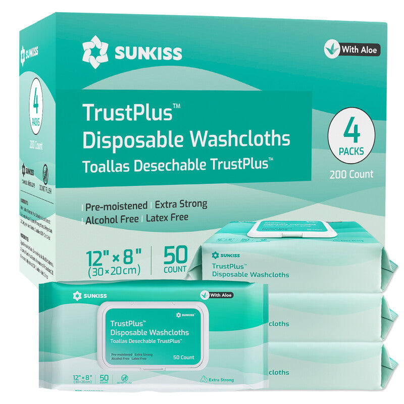 SUNKISS Trustplus Wet Wipes for Adult No Rinse, Extra Large 8"x12" Body Cleaning Washcloths for Elderly Incontinence & Cleansing, Unscented, 200 Count (4 Packs of 50) MegaBDM
