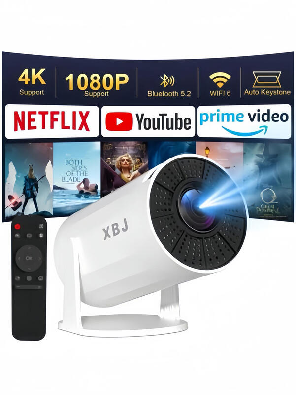 【Lite Entertainment】XBJ Portable White Projector with WiFi 6 & Bluetooth 5.2, Smart Mini Projector，1080P HD (4K Decoding), Android 11 System, Auto Keystone + 180° Rotatable, 200 ANSI, 40-200" Screen for Bedroom/Indoor/Outdoor/Home Theater MegaBDM