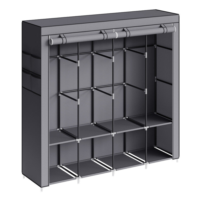 JOYFURNOS Fabric Wardrobe, 170*45*167 cm, 4 Hanging Compartments, with Shelves, 4 Side Pockets, Plenty of Space, Grey MegaBDM