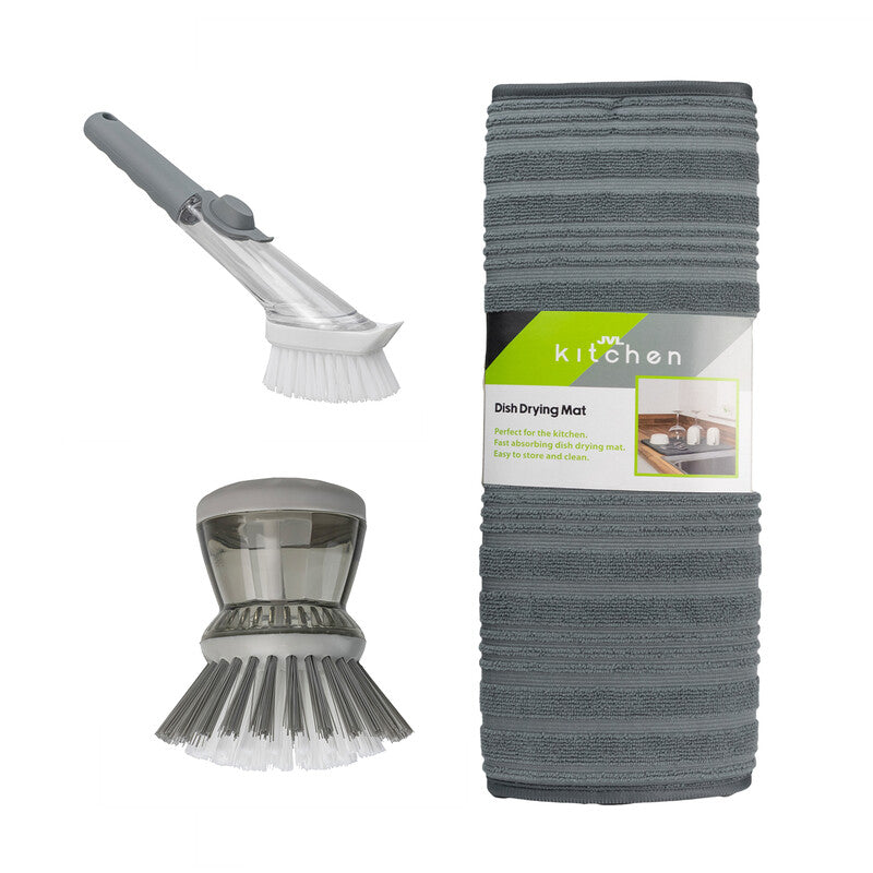 JVL Sesha Dish Drying Mat & Soap Dispensing Dish Brush Kitchen Bundle MegaBDM