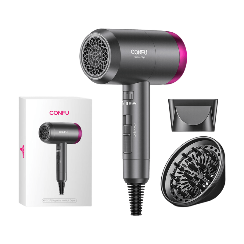 CONFU High-Power Hair Dryer 3127 Gray, 2W Speed, High Concentration Negative Ion Maintenance, 1800W Power, Two Air Nozzles MegaBDM