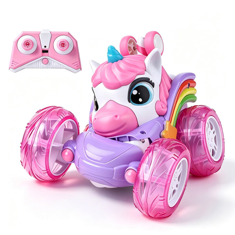 Unicorn RC Stunt Car Toy for Girls, Remote Control Flip 360° Rotating Stunt Vehicle with Glowing LED Light Wheels, USB Rechargeable Cute Rainbow Unicorn RC Car Toy Gift for Kids MegaBDM