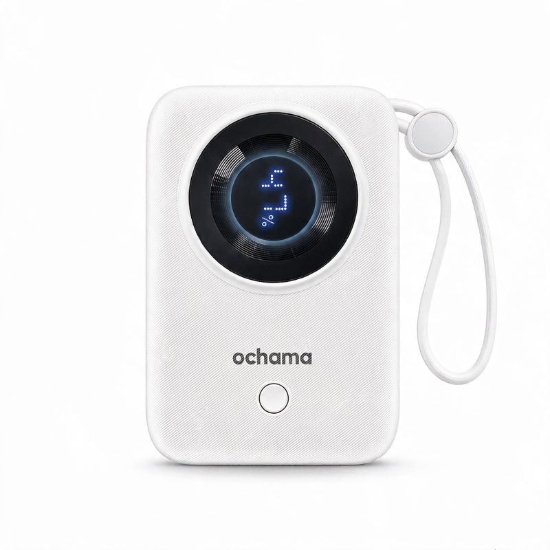 Ochama 22.5W Intelligent Fast Charge Power Bank with Dual Built-in Cables, 10.000mAh, Screen Display for Battery Level, Compact, Compatible with Apple Devices, Lightning/USB-C/USB-A Three Interfaces MegaBDM