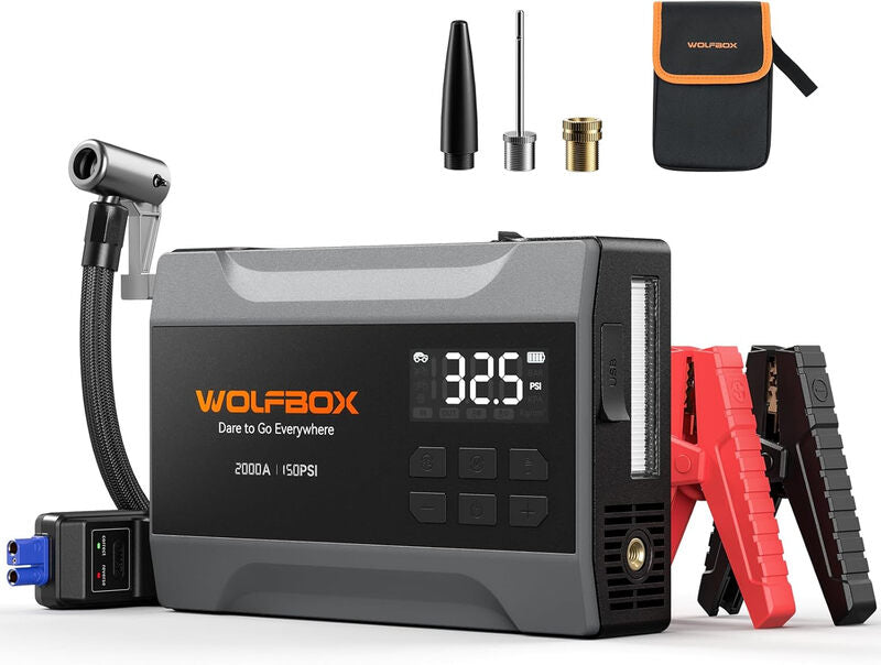 WOLFBOX 2000A Jump Starter with Air Compressor, 37Wh Car Battery Jumper Starter Portable (up to 5L Gas Engine) with 150PSI Tire Inflator, 12V Jump Box with Jumper Cables, Boost, LED Light MegaBDM