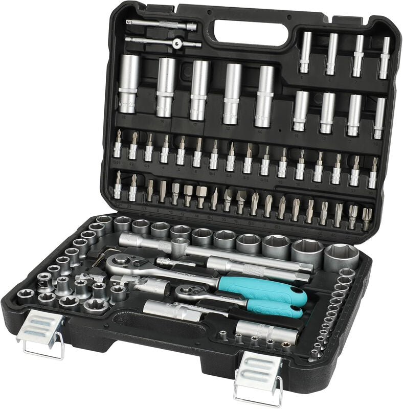 DURATECH Professional Socket Set 108-Piece, 1/2" and 1/4" Square Drive Quick Release Ratchet Socket Set with Carrying Box, Cr-V Sockets, S2 Bits, Universal Joints and Extension Bars MegaBDM