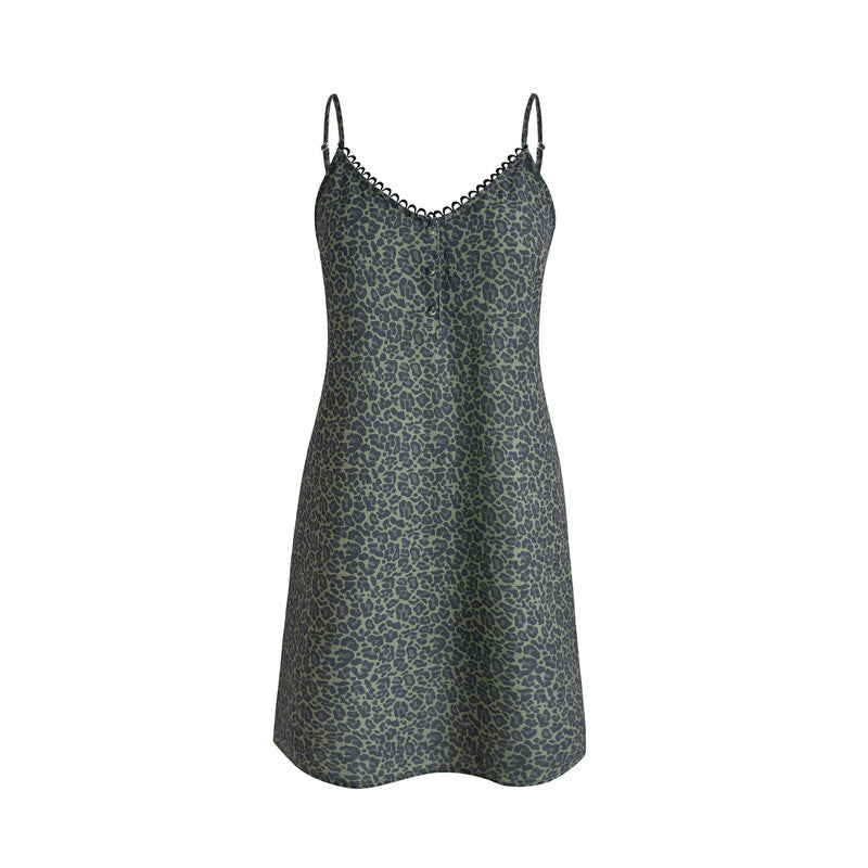 IZURIA round-neck olive green leopard-print suspender dress M MegaBDM